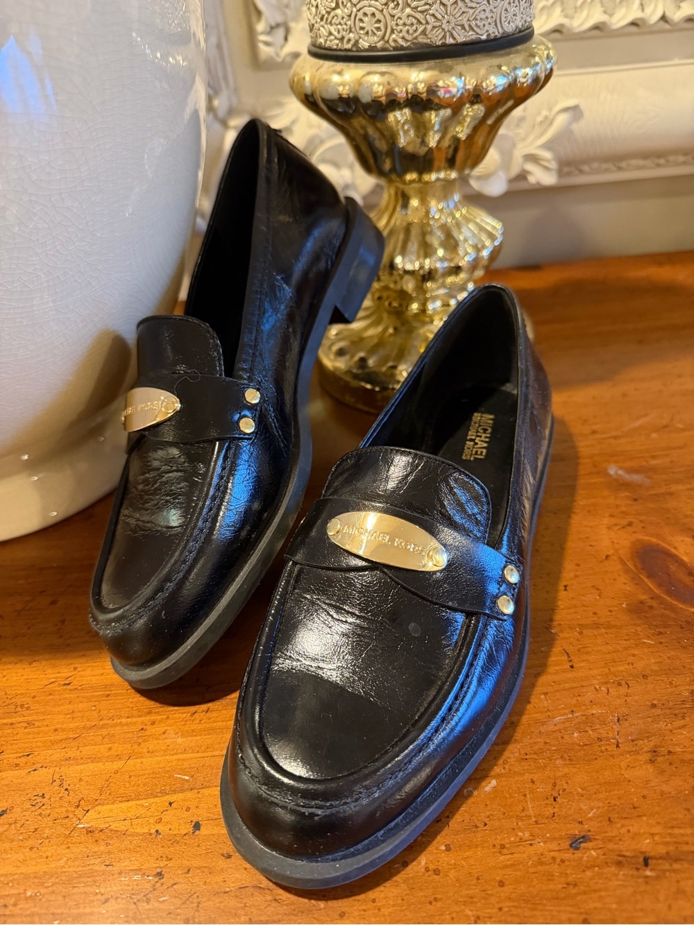 Michael Kors Black Leather Loafers with Gold Plaque Accent